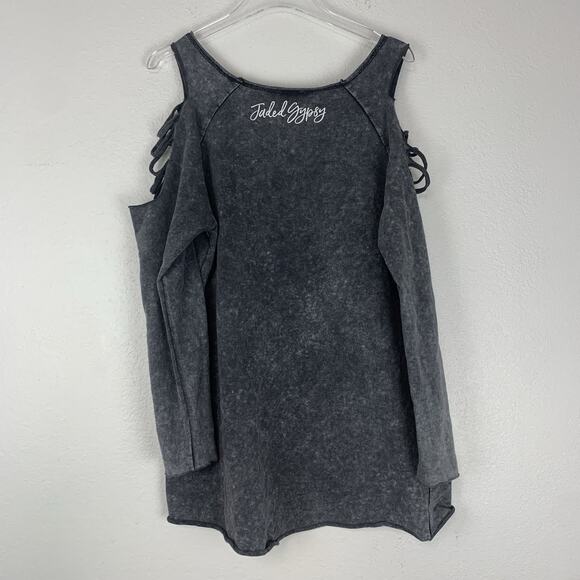 Jaded Gypsy Dress Womens S/M Mini Ripped Off The Shoulder Mineral Wash Boho Gray - Picture 3 of 8